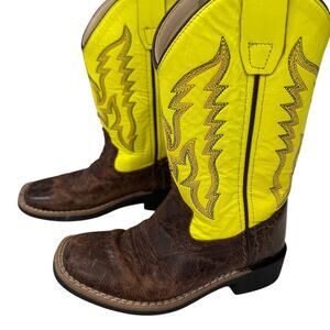 Old West Square Toe Kids Boots Neon Yellow and Brown Leather Size 11.5 D